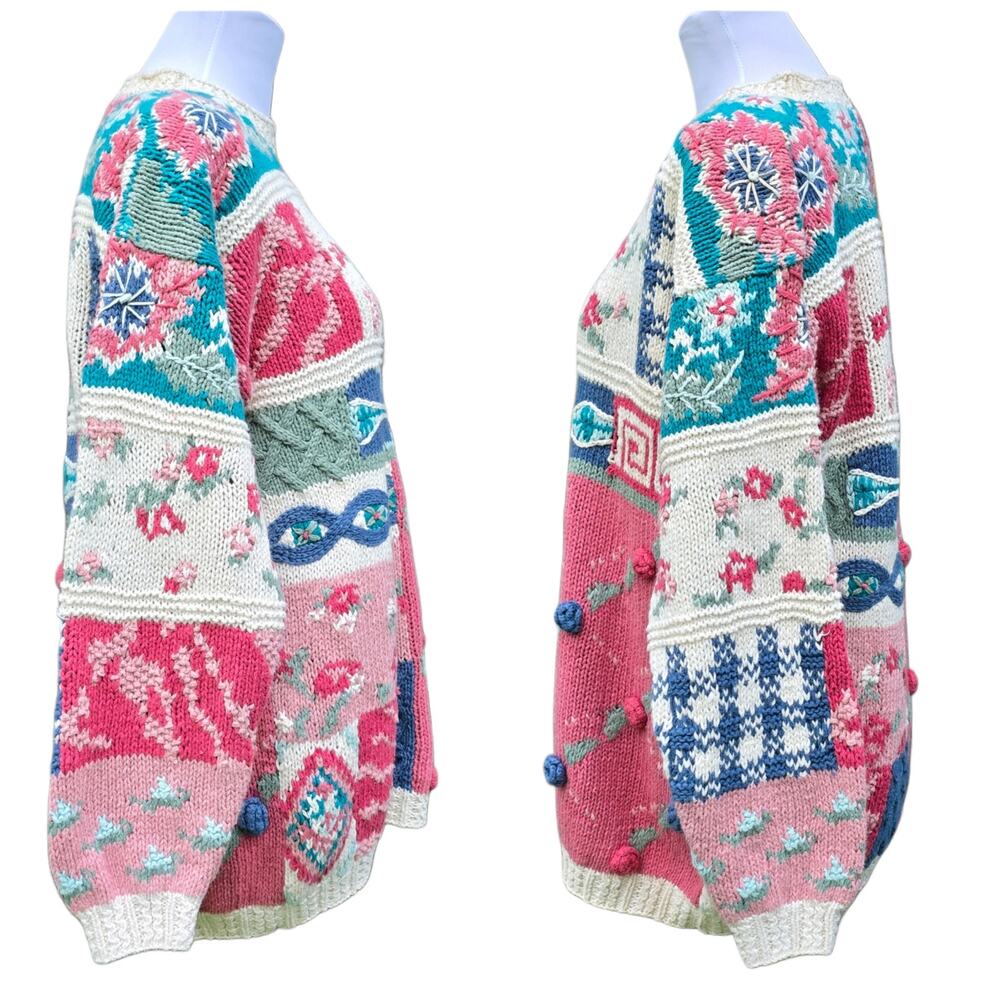 Crystal Kobe Patchwork Sweater Size Petite Med Pink Blue Beige Floral Vintage PM - Picture 2 of 9